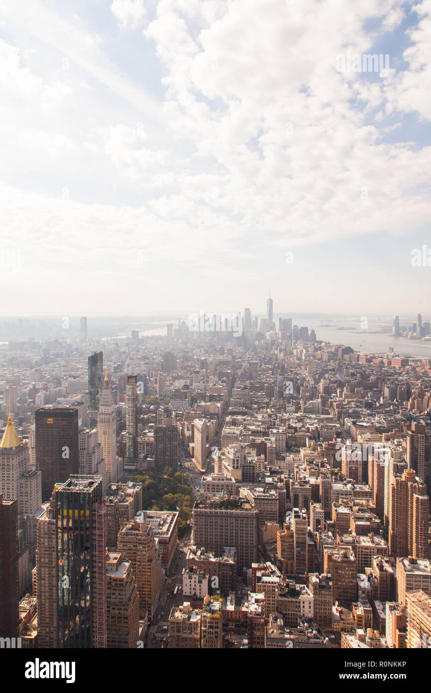 Southern view from the Empire State Building over Lower Manhattan, New York City, United States of America. US, U.S.A, Stock Photo