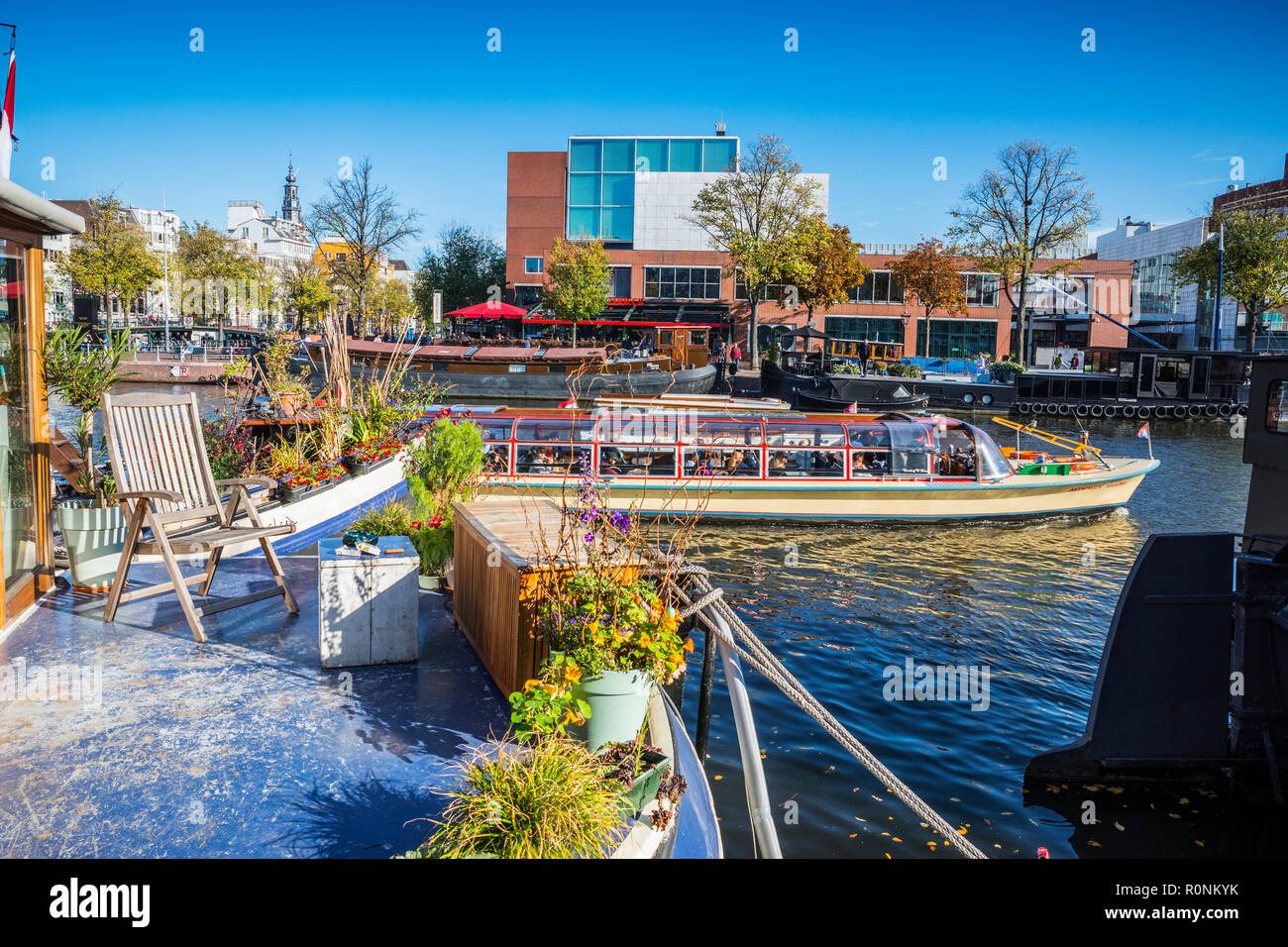 Amsterdam houseboat in the chanal at sunny day Stock Photo