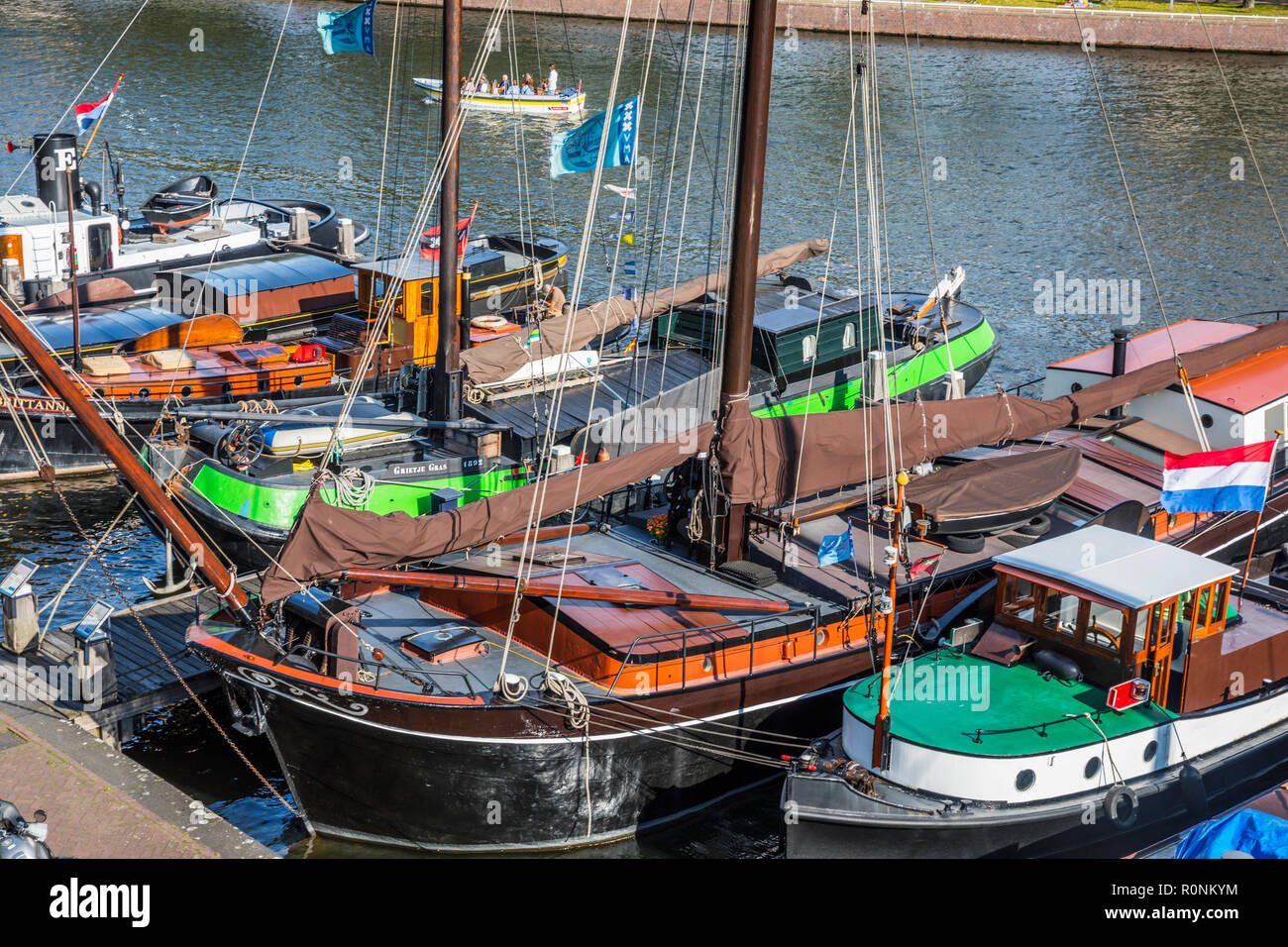 Amsterdam traditional boats in the harbor from above Stock Photo