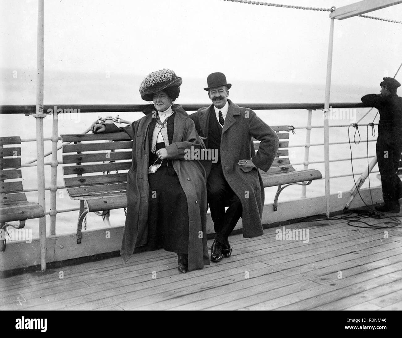 Passengers aboard the deck of the British passenger steamer SS Oronsa in 1911. The Oronsa was sunk after being torpedoed by a German submarine in 1918. Stock Photo