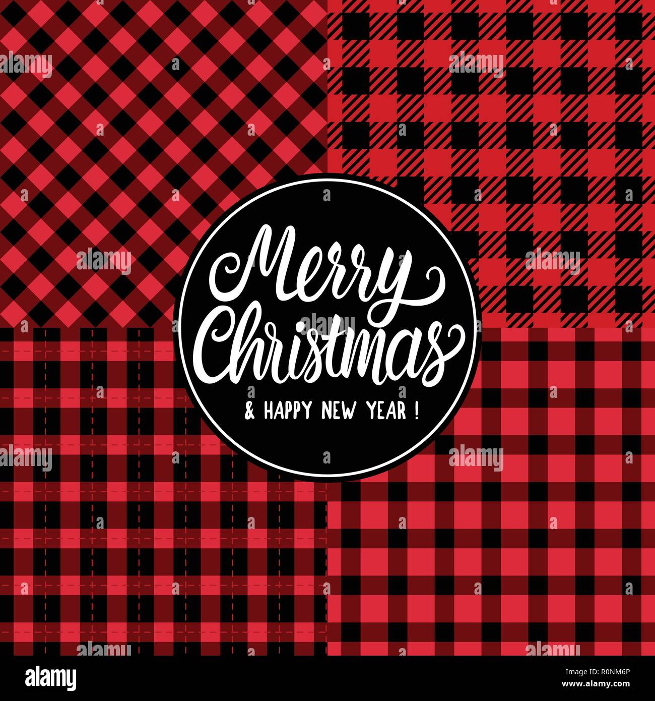 Set Seamless pattern texture. Merry Christmas white hand drawn lettering text inscription. Vector illustration Checkered black and red background. Holiday Happy New Year Stock Vector