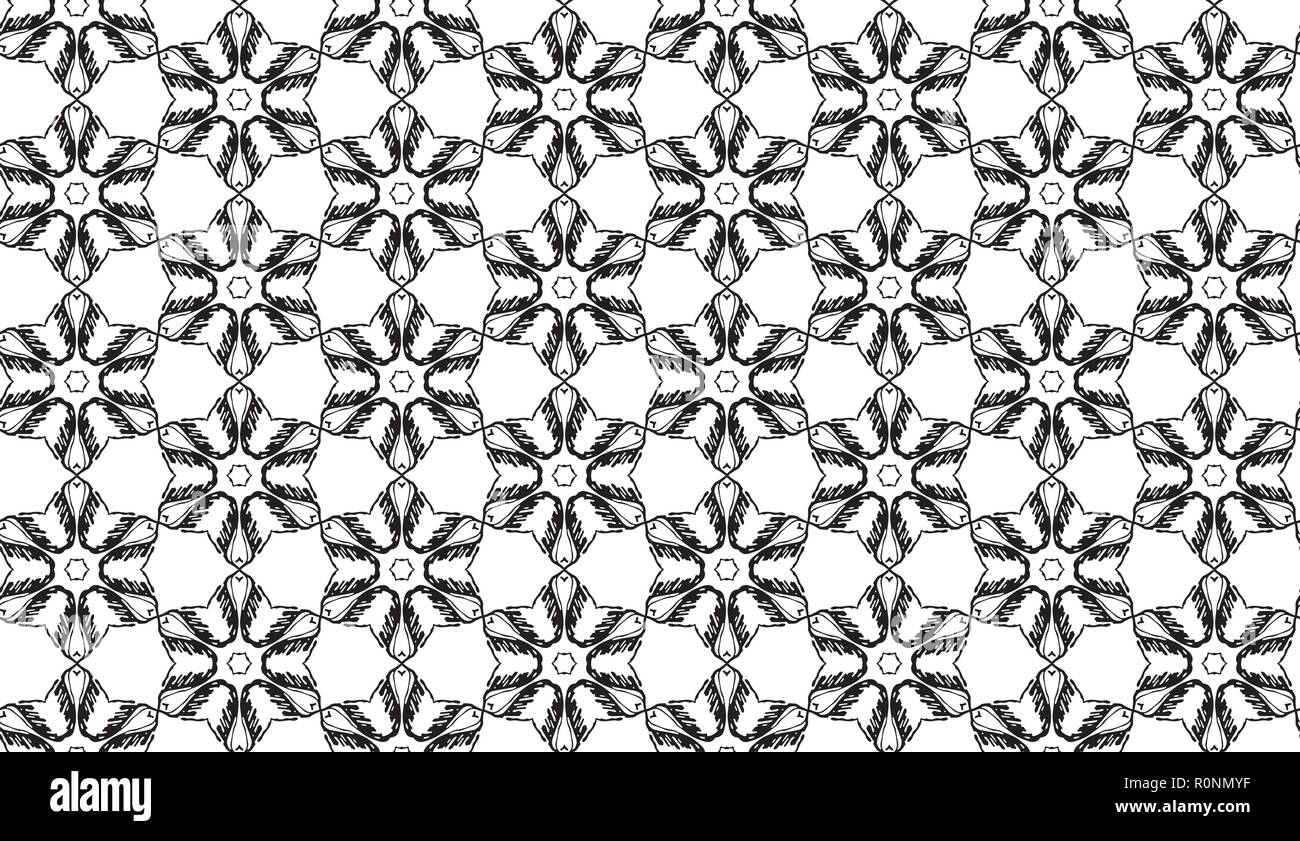 Black and white abstract geometric star flowers vector seamless pattern Stock Vector