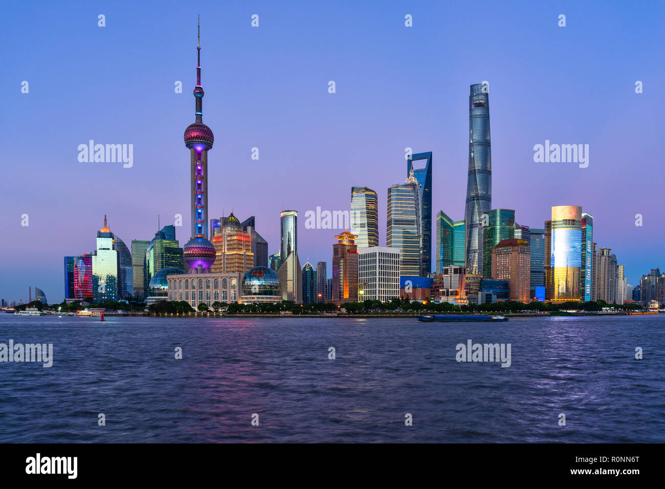 City skyline at dusk, Shanghai, China Stock Photo