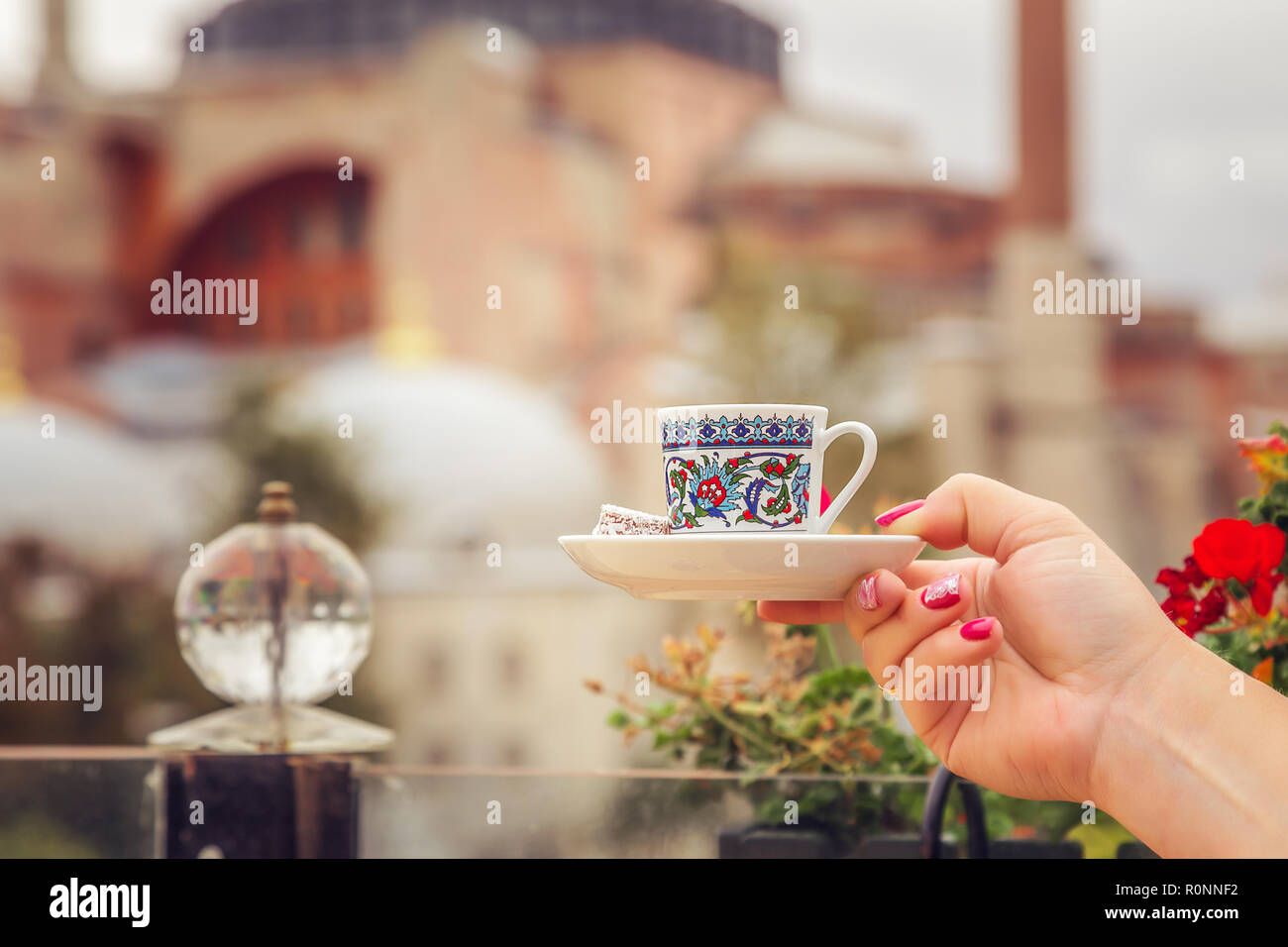 Turkish Coffee with Hagia Sophia background in Istanbul, Turkey. Turkish  Coffee with traditional porcelain cup Stock Photo - Alamy