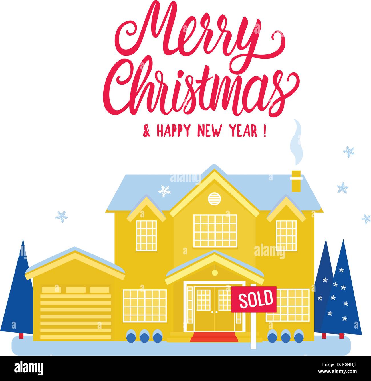 House Two Story Cottage Yellow Color For Sale Sold Sign Flat Vector Illustration Isolated On White Background Winter Magical Exterior Merry Christmas And Happy New Year Card Dream Home Stock Vector Image