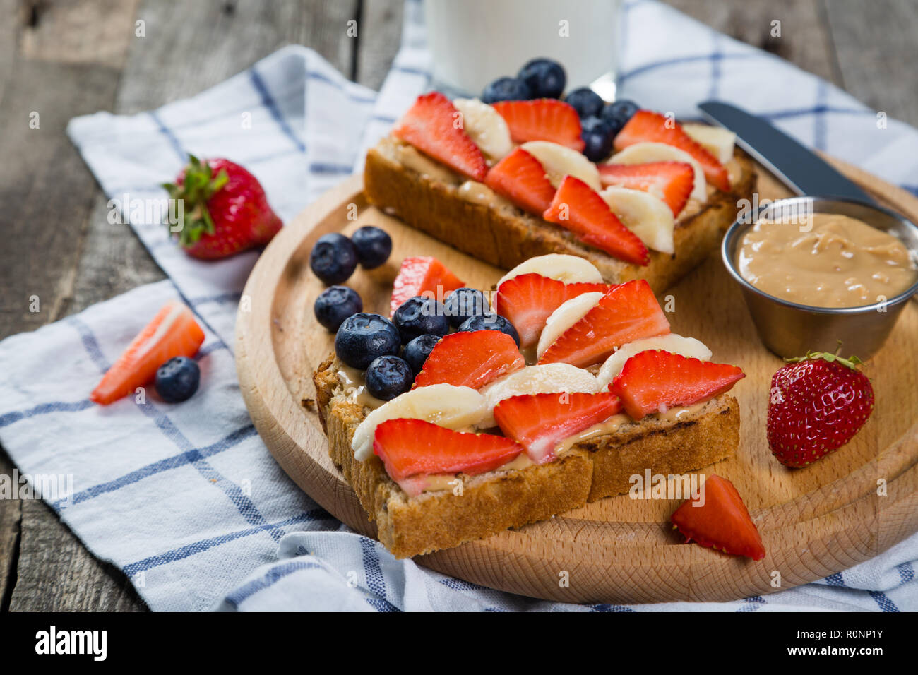 Independence day breakfast toast with strawberry and blueberry Stock