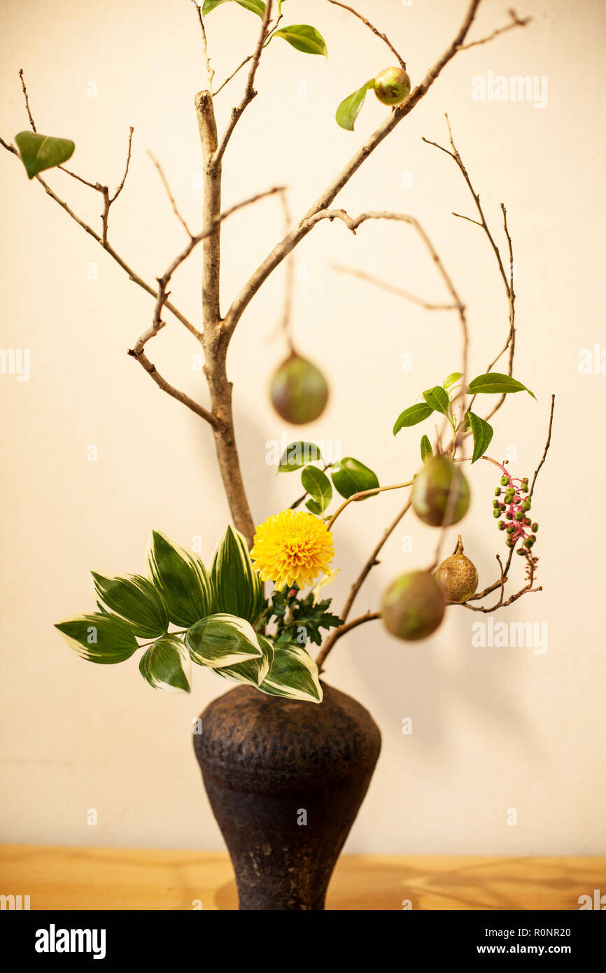 Close up of Ikebana arrangement with branches, leaves, fruit, berries