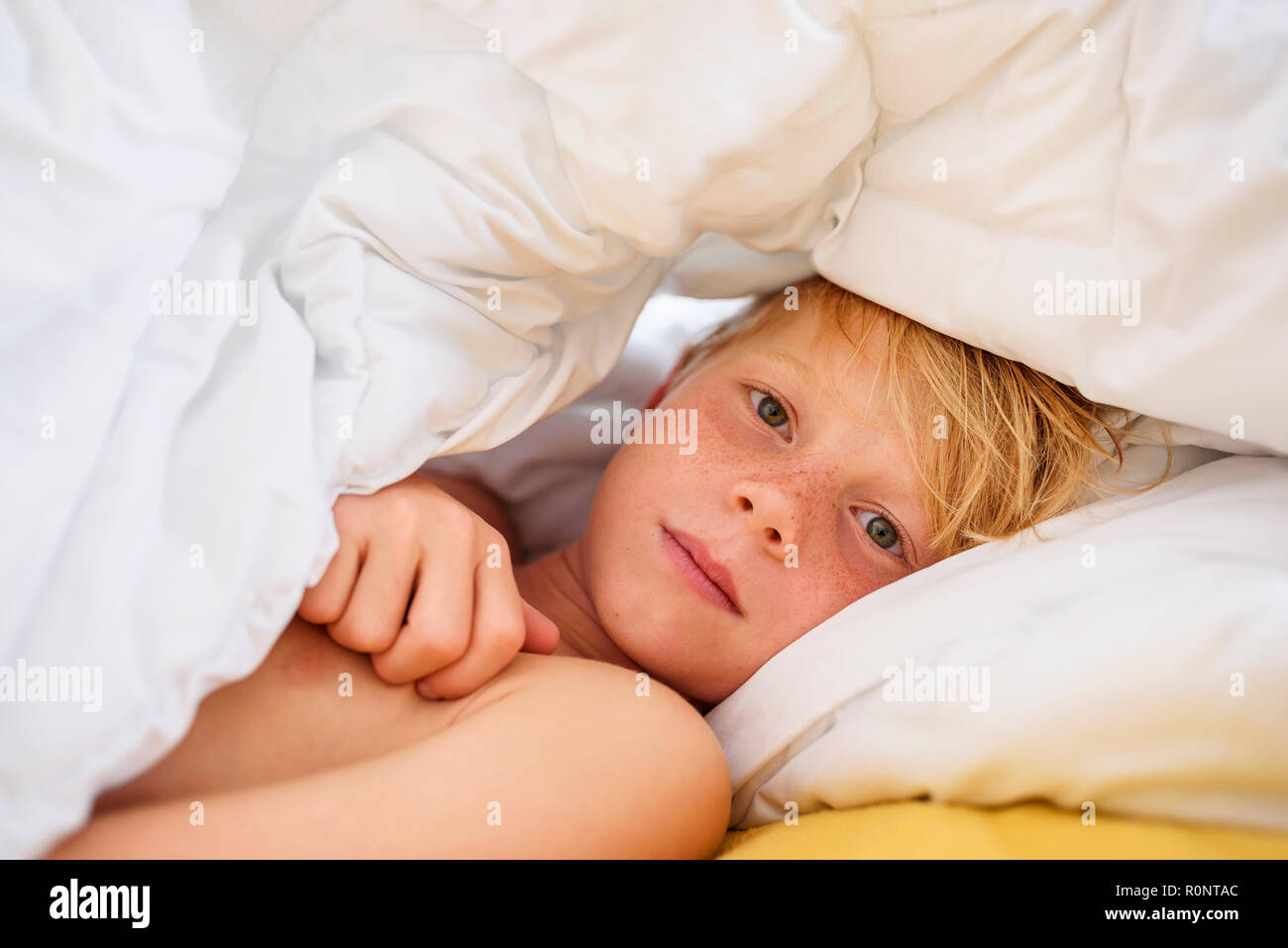 Portrait of a boy lying in bed under a duvet Stock Photo