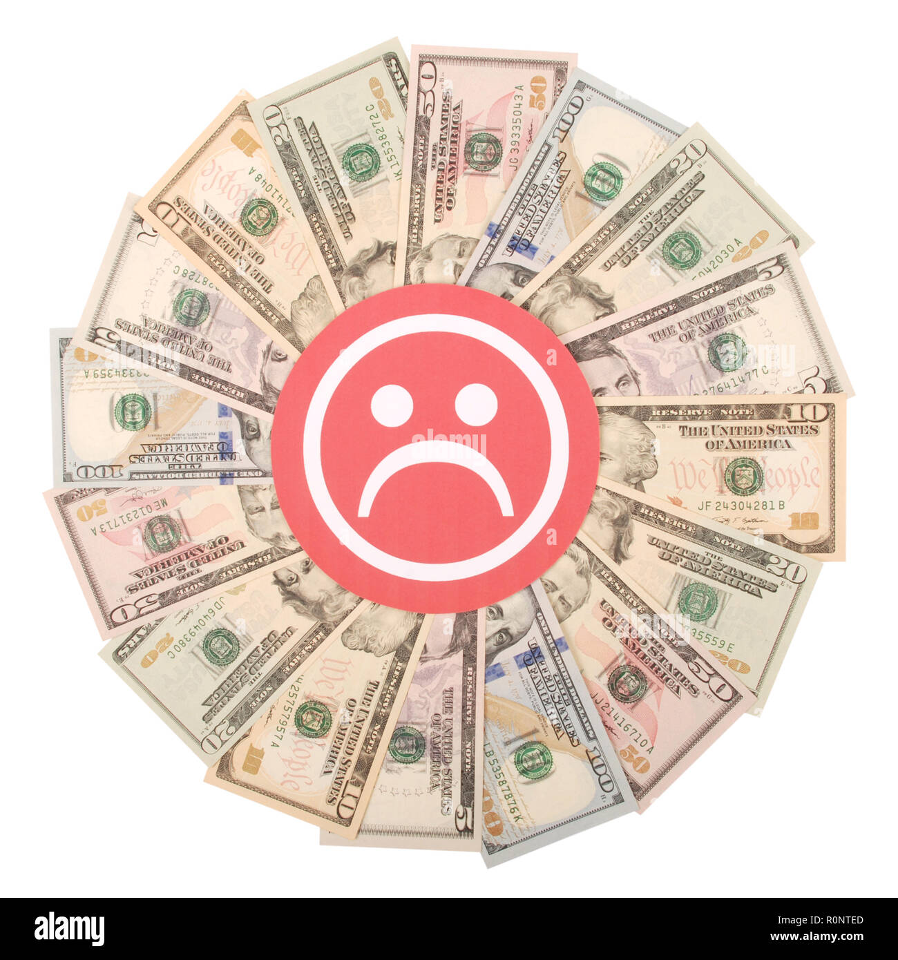 Red sad smile faces on mandala kaleidoscope from money. Abstract money background raster pattern repeat mandala circle. Stock Photo