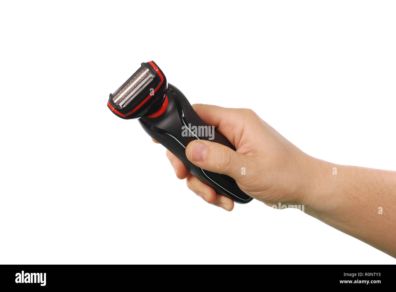 Strong male hand holding electric razor shaver isolated on white Stock