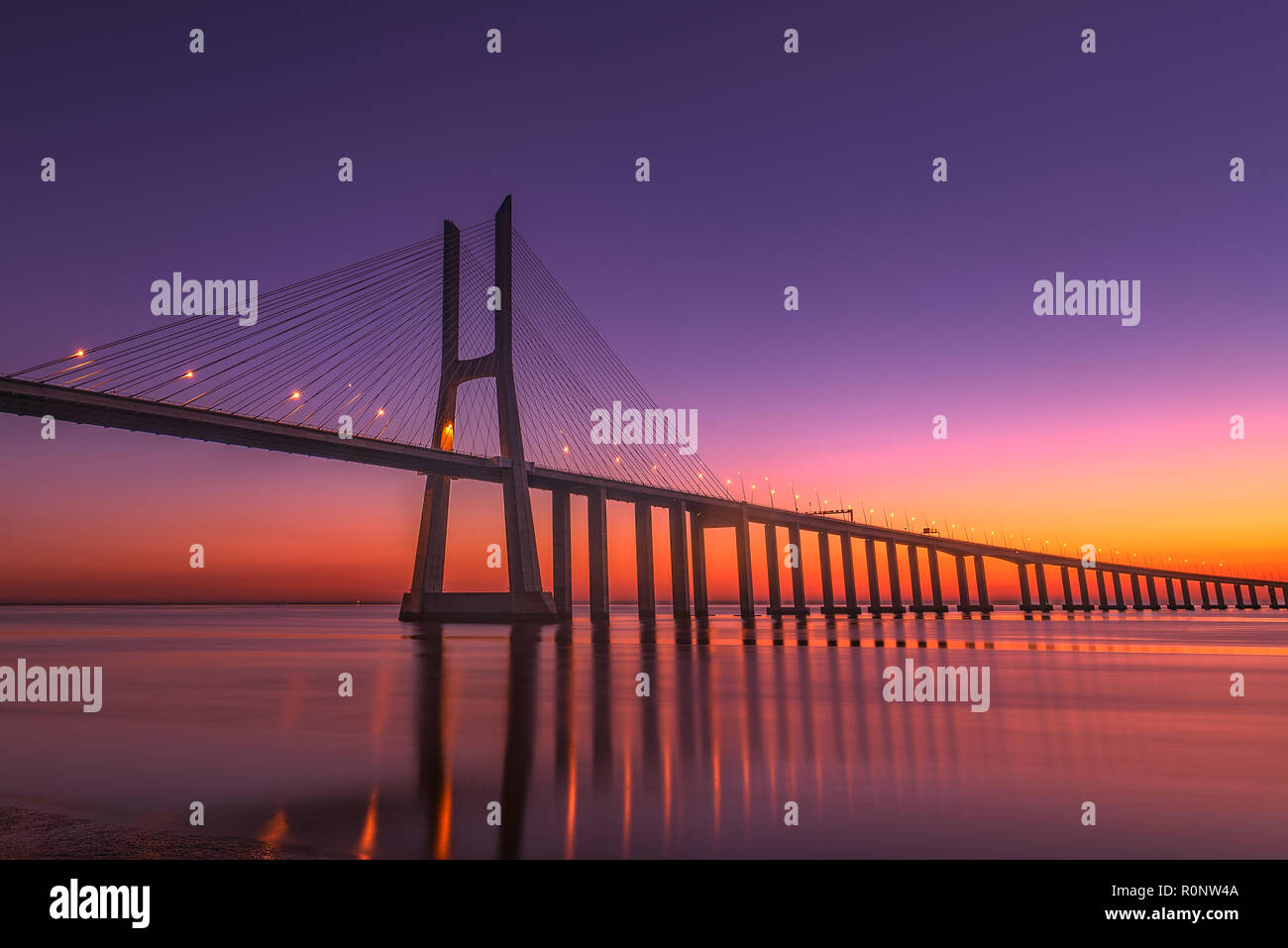 Vasco da Gama bridge at sunrise, Lisbon Portugal Stock Photo