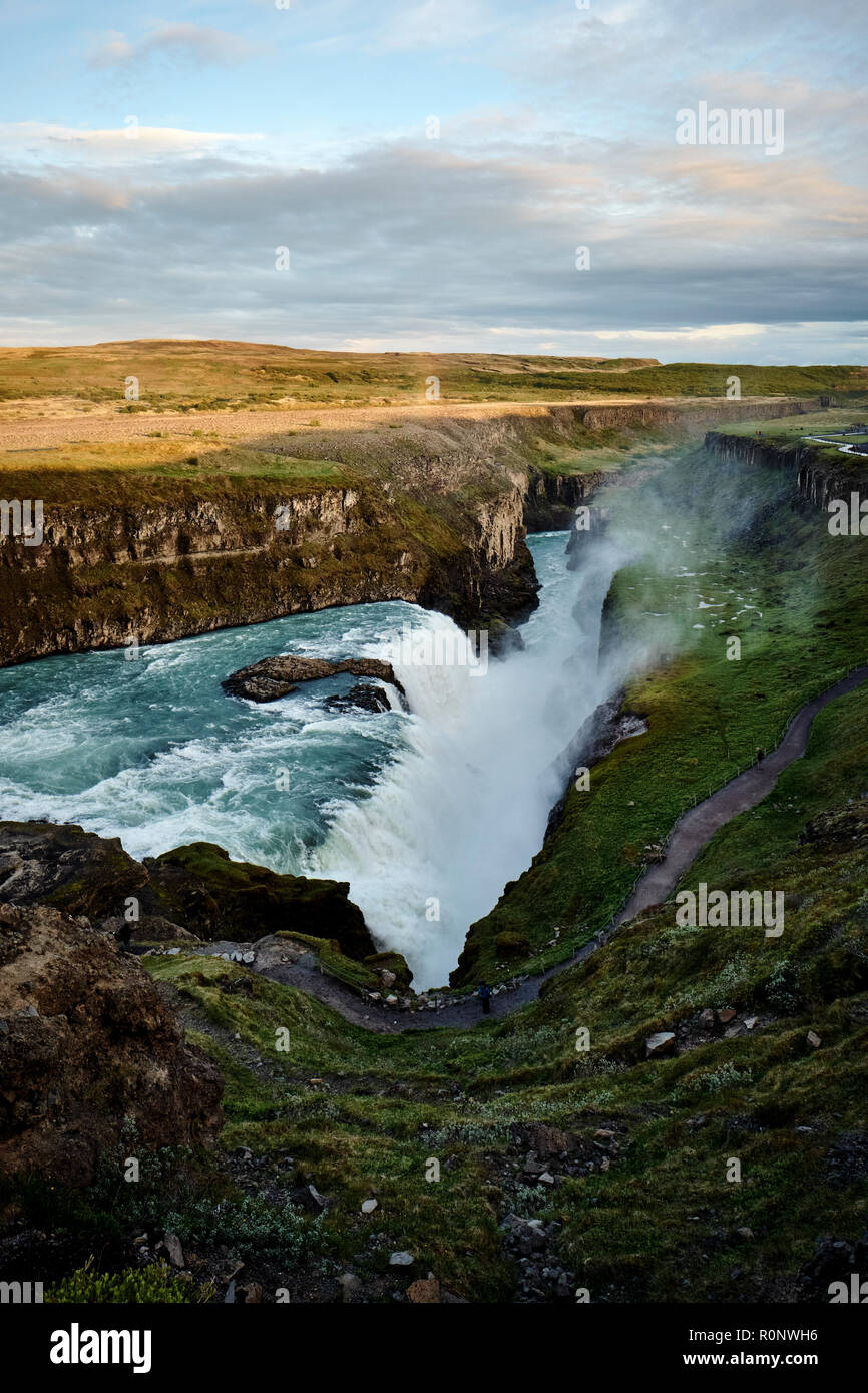 Gulfoss waterfall and landscape in the late evning sun in Iceland. Stock Photo