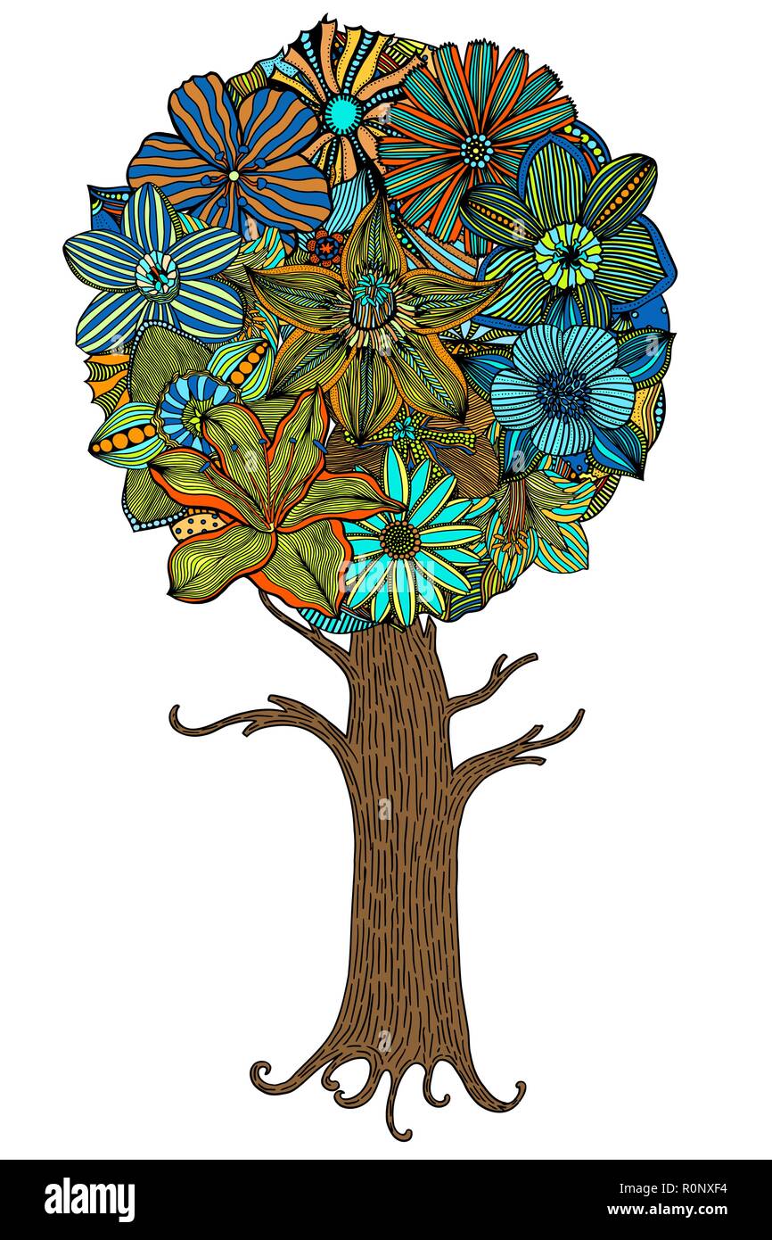 Tree with leaves and flowers. Vector illustration Stock Vector Image ...