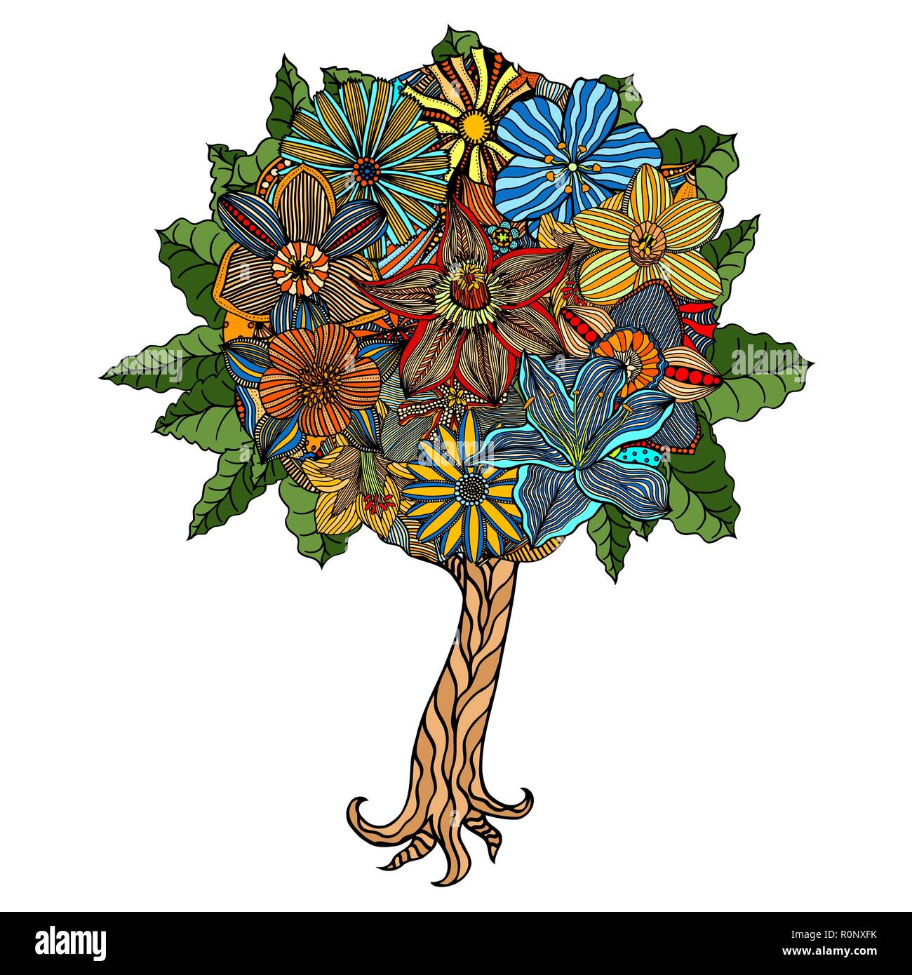 Tree with leaves and flowers. Vector illustration Stock Vector Image ...