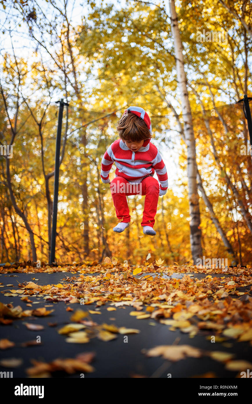 Boy jumping autumn leaves hires stock photography and images Alamy