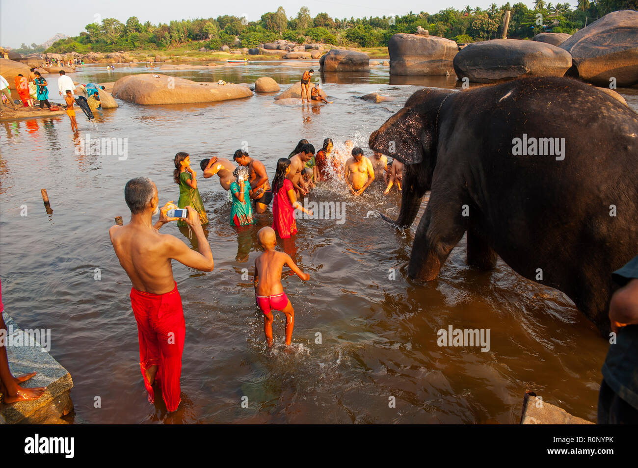 Lakshmi The Famous Hampi Elephant Bathing People On The Tungabhadra