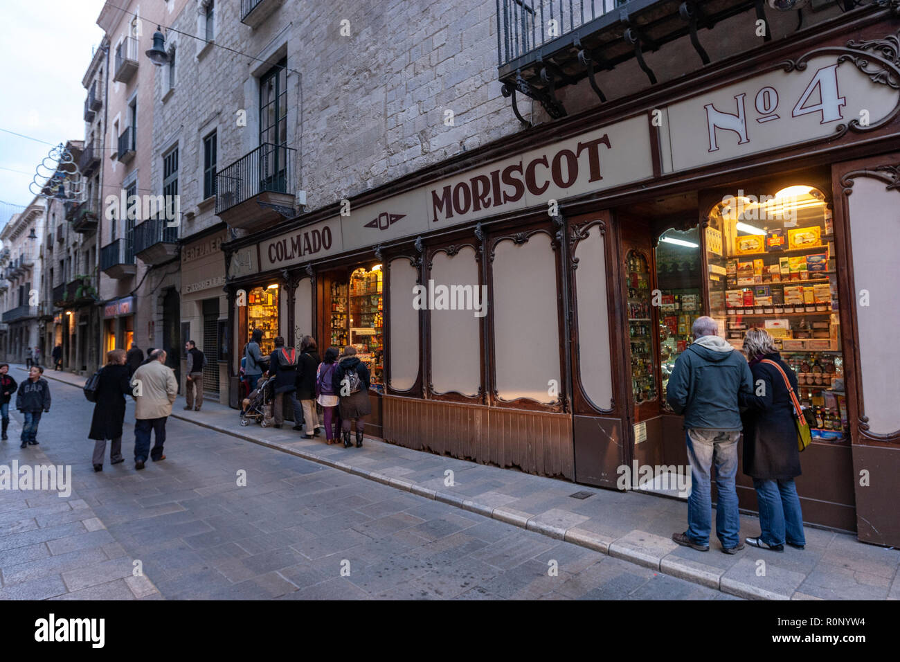 Colmado Moriscot,  Carrer dels Ciutadans, most emblematic shop window in  Girona, Catalonia, Spain Stock Photo