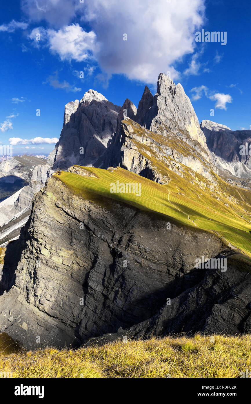 Amazing views in the Dolomites mountains. Views from Seceda over the Odle mountains are spectacular. Stock Photo