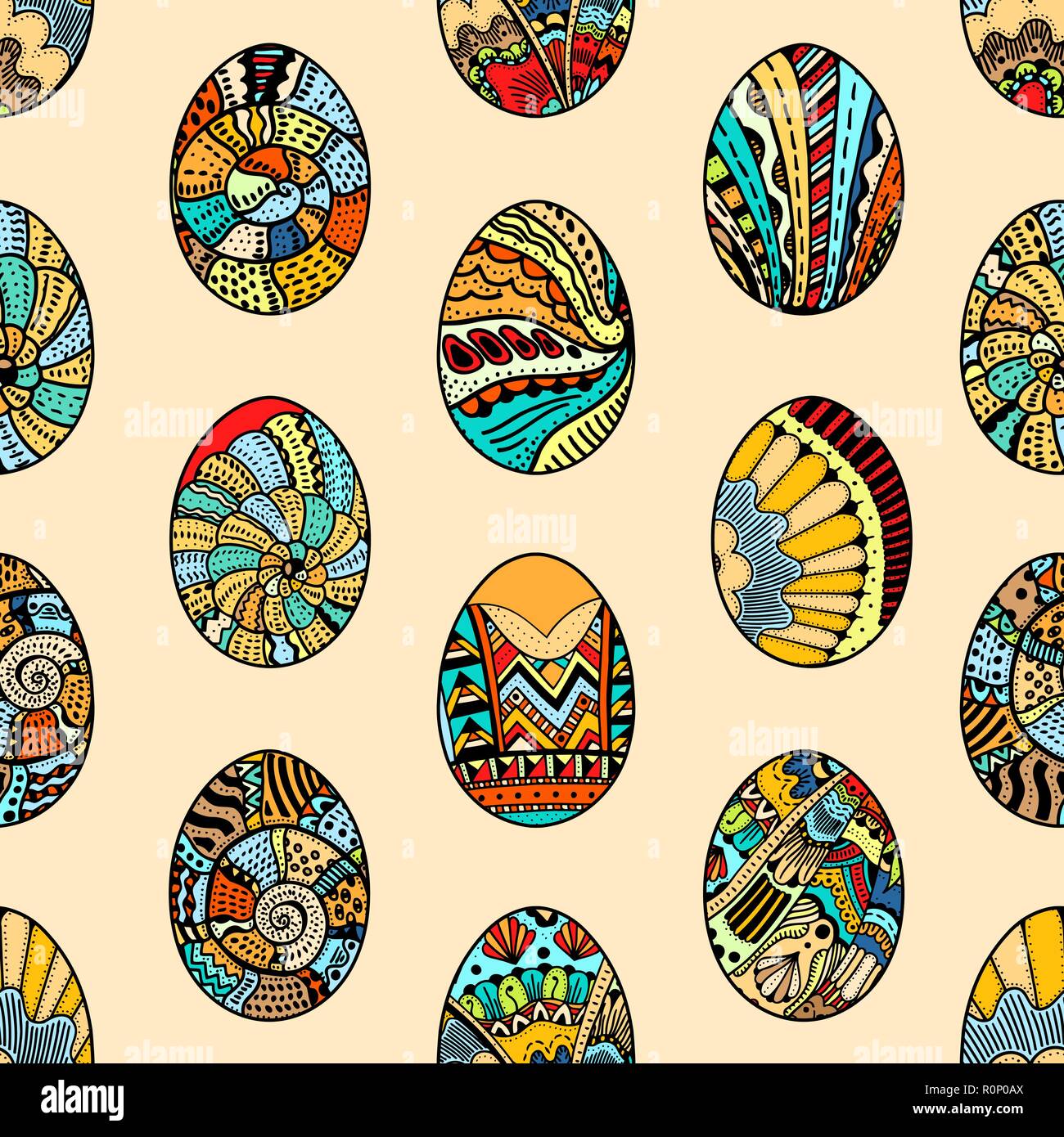Seamless pattern with Easter eggs. Easter hand-drawn decorative elements in vector.  Made by trace from sketch. Zentangle Stock Vector