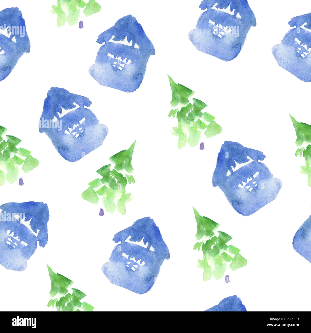 seamless pattern with watercolor houses and fir trees isolated on white ...
