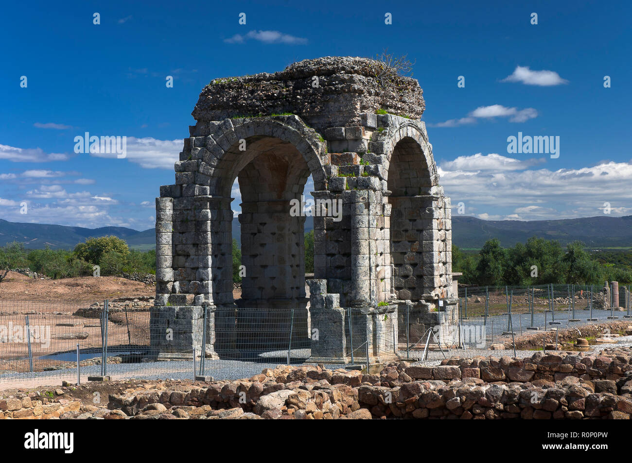 Roman ruins of Caparra, Arch cuadrifronte, Via de la Plata, Guijo de Granadilla, Caceres province, Region of Extremadura, Spain, Europe Stock Photo