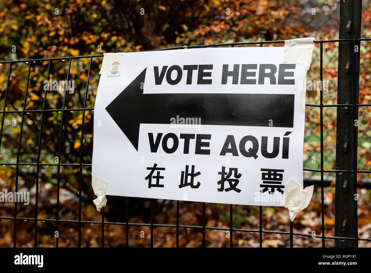 A sign post showing directions seen during the elections. Election Day voting on the Upper West Side in New York City. Stock Photo