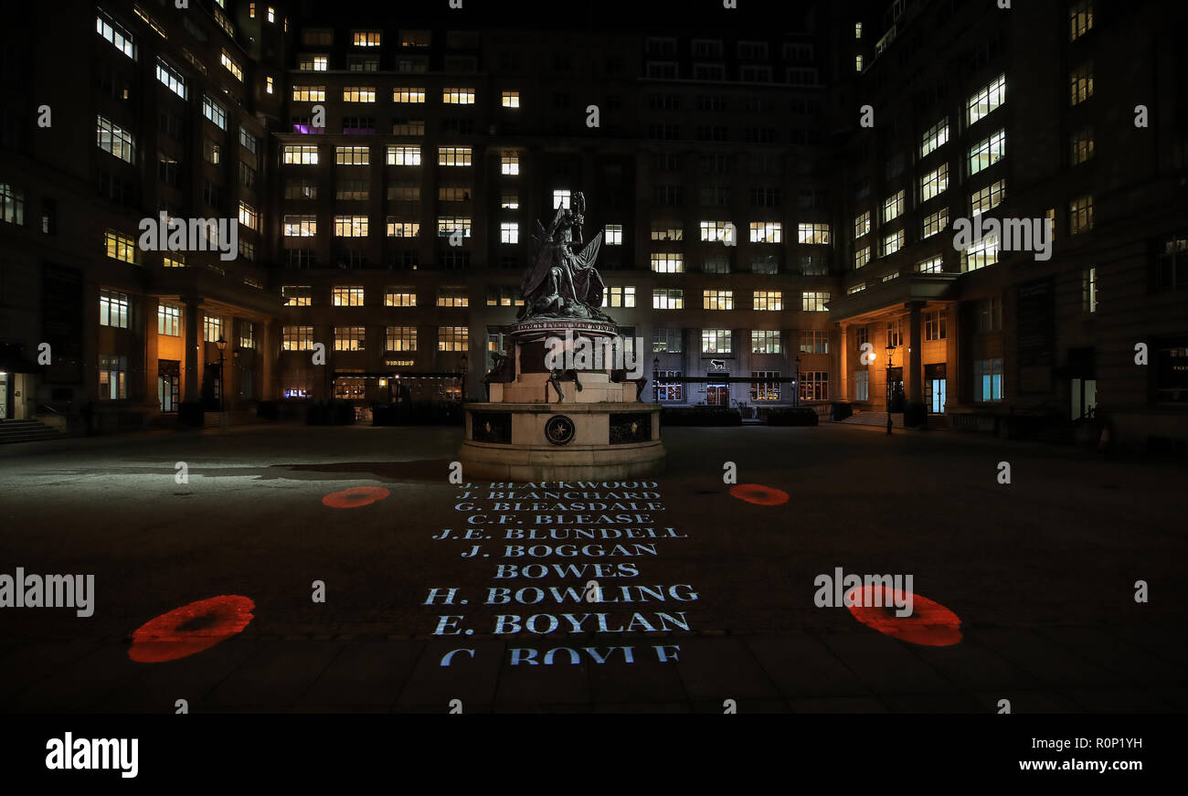 The names of 14,000 local soldiers who lost their lives in the First World War are projected onto the floor of Exchange Flags, Liverpool. Stock Photo
