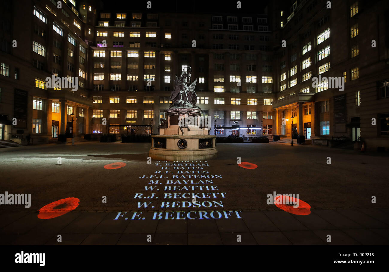 The names of 14,000 local soldiers who lost their lives in the First World War are projected onto the floor of Exchange Flags, Liverpool. Stock Photo