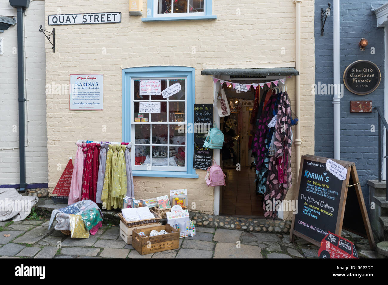 Karina's gift and craft shop front display on Quay Street, Lymington town, Hampshire, UK. Shops, shopping. Stock Photo