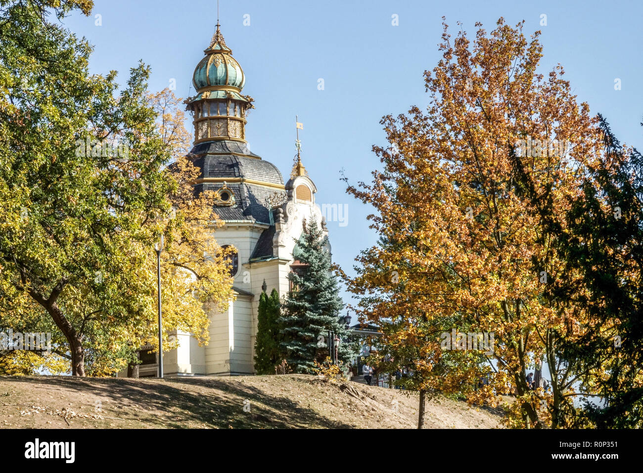 Prague Letna, Autum, Hanavsky Pavilion Prague, Czech Republic falling leaves Stock Photo