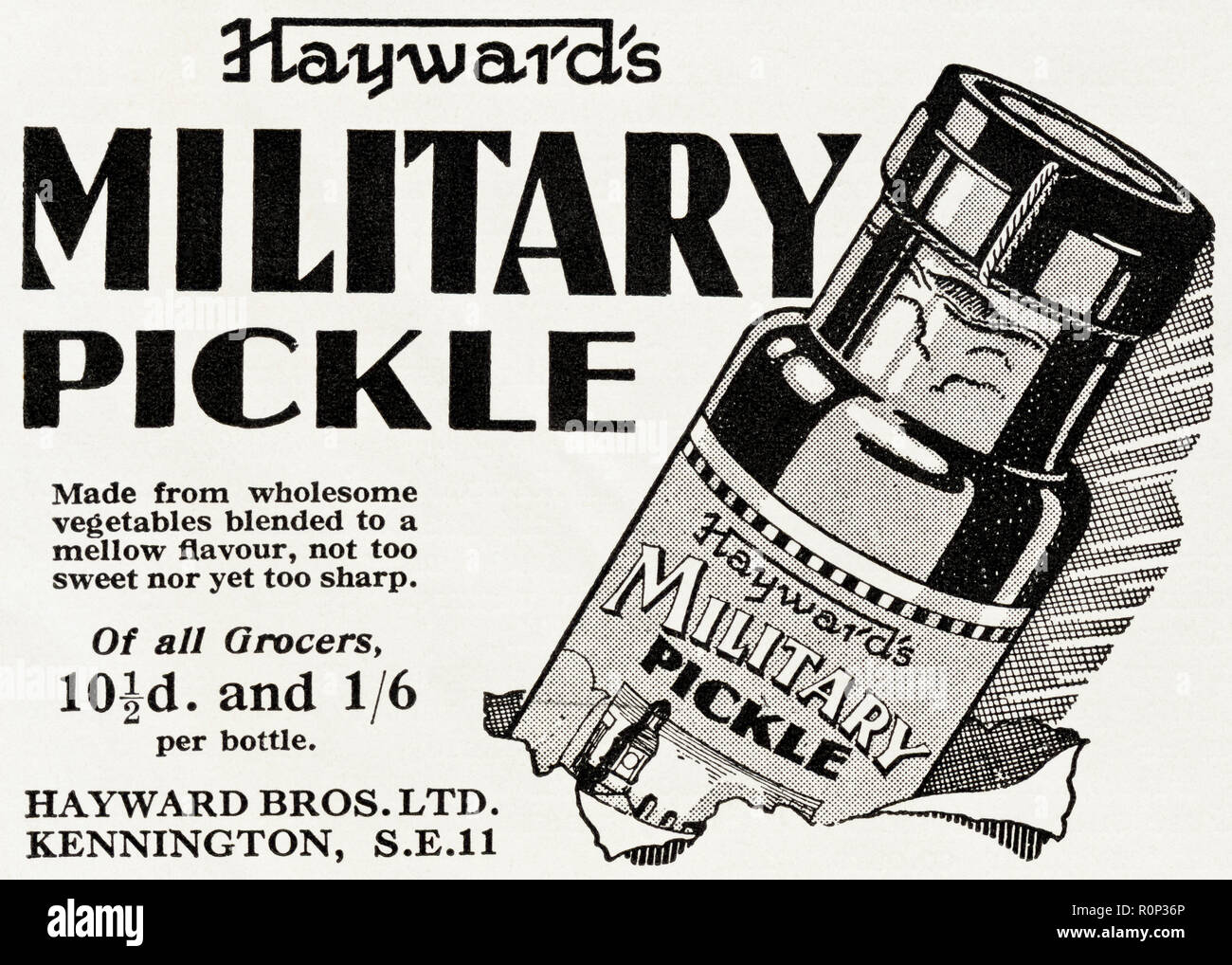 1930s old vintage original advert advertising Hayward's Military Pickle in English magazine circa 1932 Stock Photo