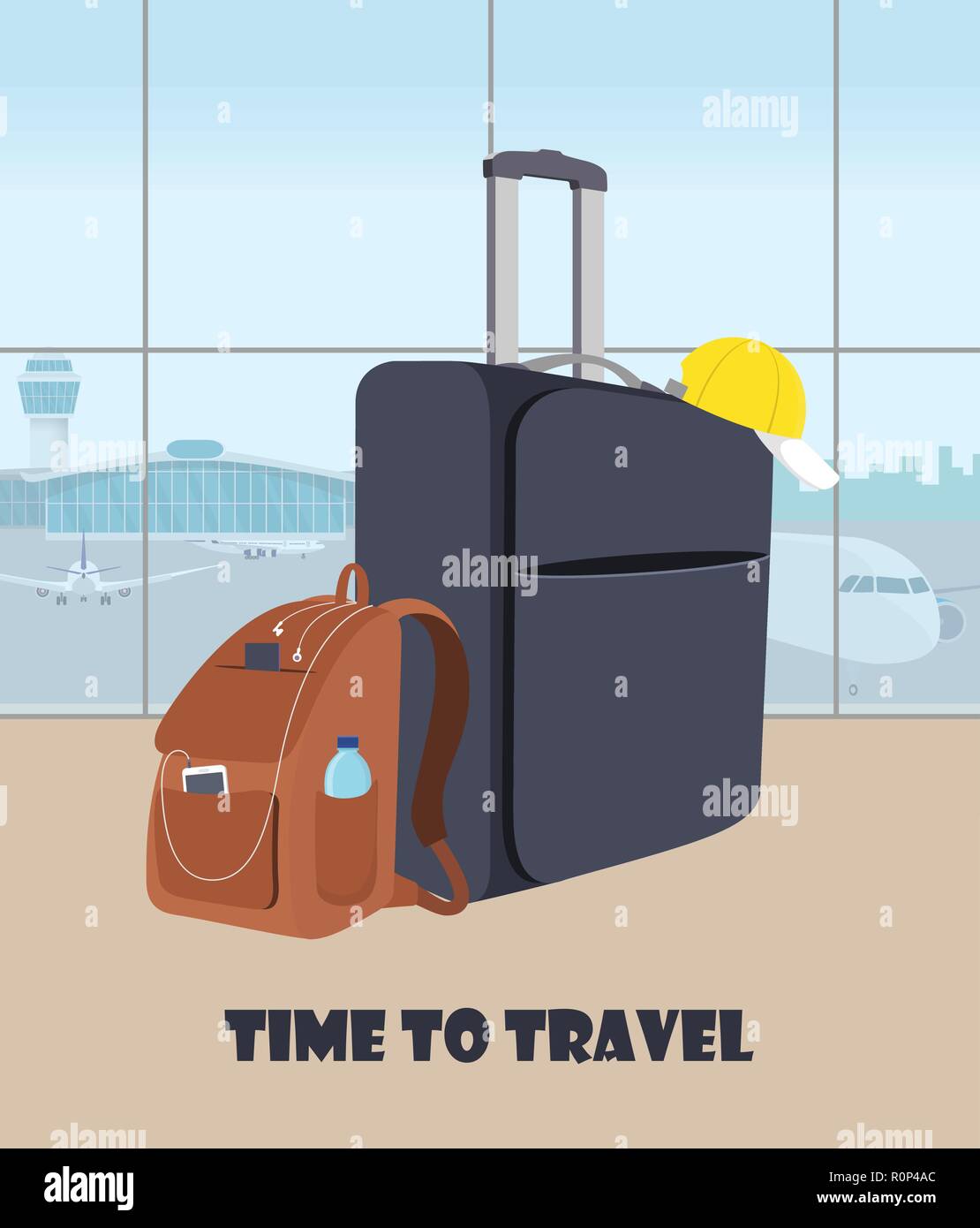 Airport waiting hall with suitcase and backpack in the foreground. Terminal interior, panoramic window, planes and control tower outside. Time to trav Stock Vector