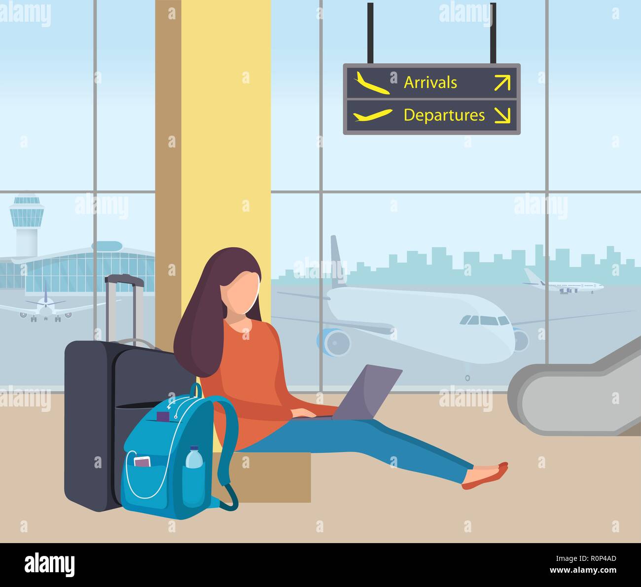 Young woman sitting in airport lounge with her suitcase and backpack and working on a laptop. Girl passenger at the airport. Planes and control tower  Stock Vector