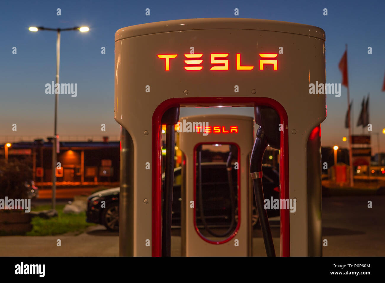 Stockholm, Sweden September 13, 2018 Modern Tesla supercharger at night near Stockholm