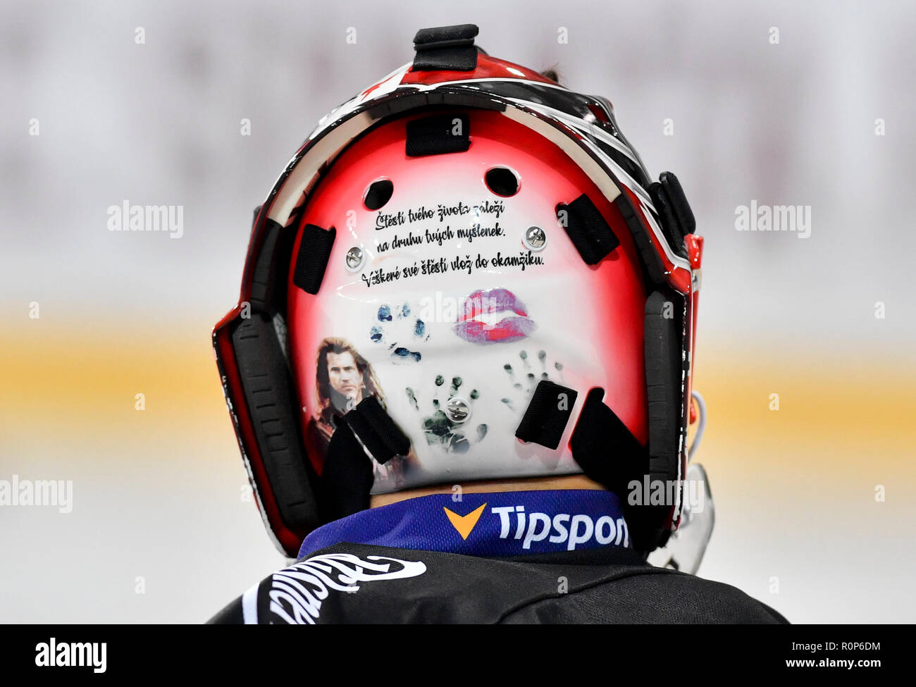 Czech goalkeeper's Jakub Kovar's helmet is pictured during the training
