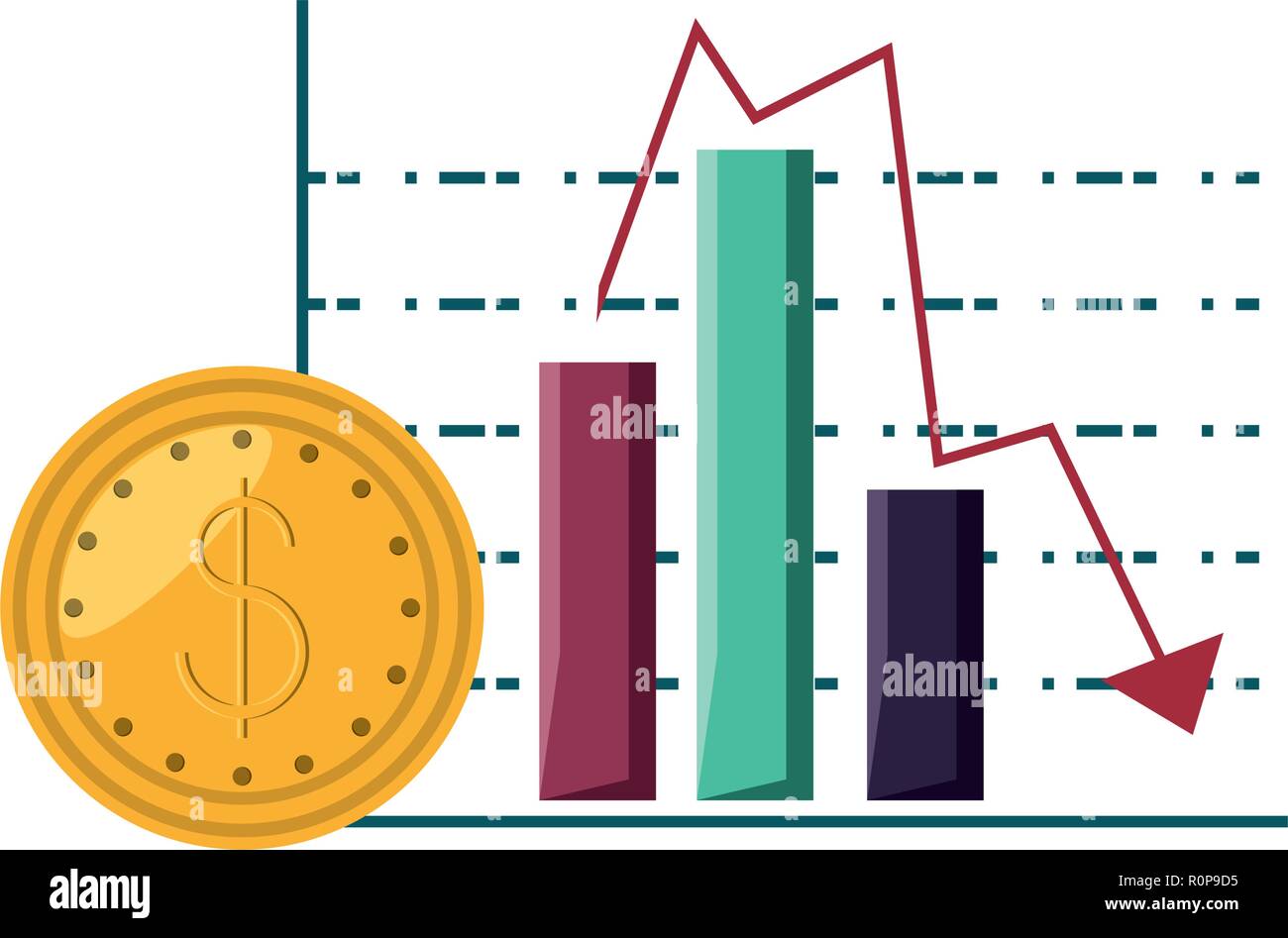 statistical graphics in bars with arrow down and coin vector illustration design Stock Vector
