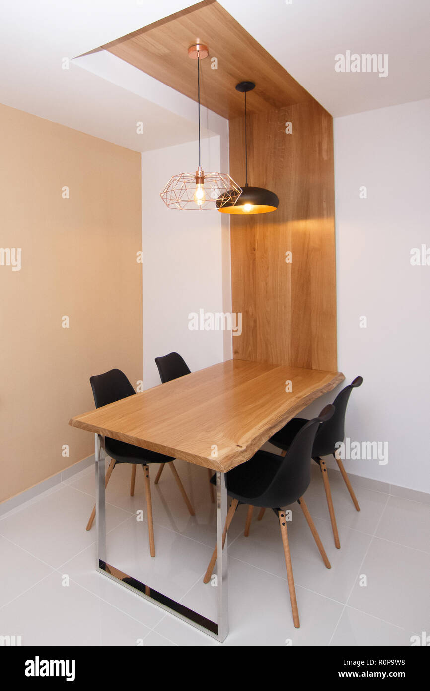 Bright spacious dining room with wooden materials Stock Photo Alamy