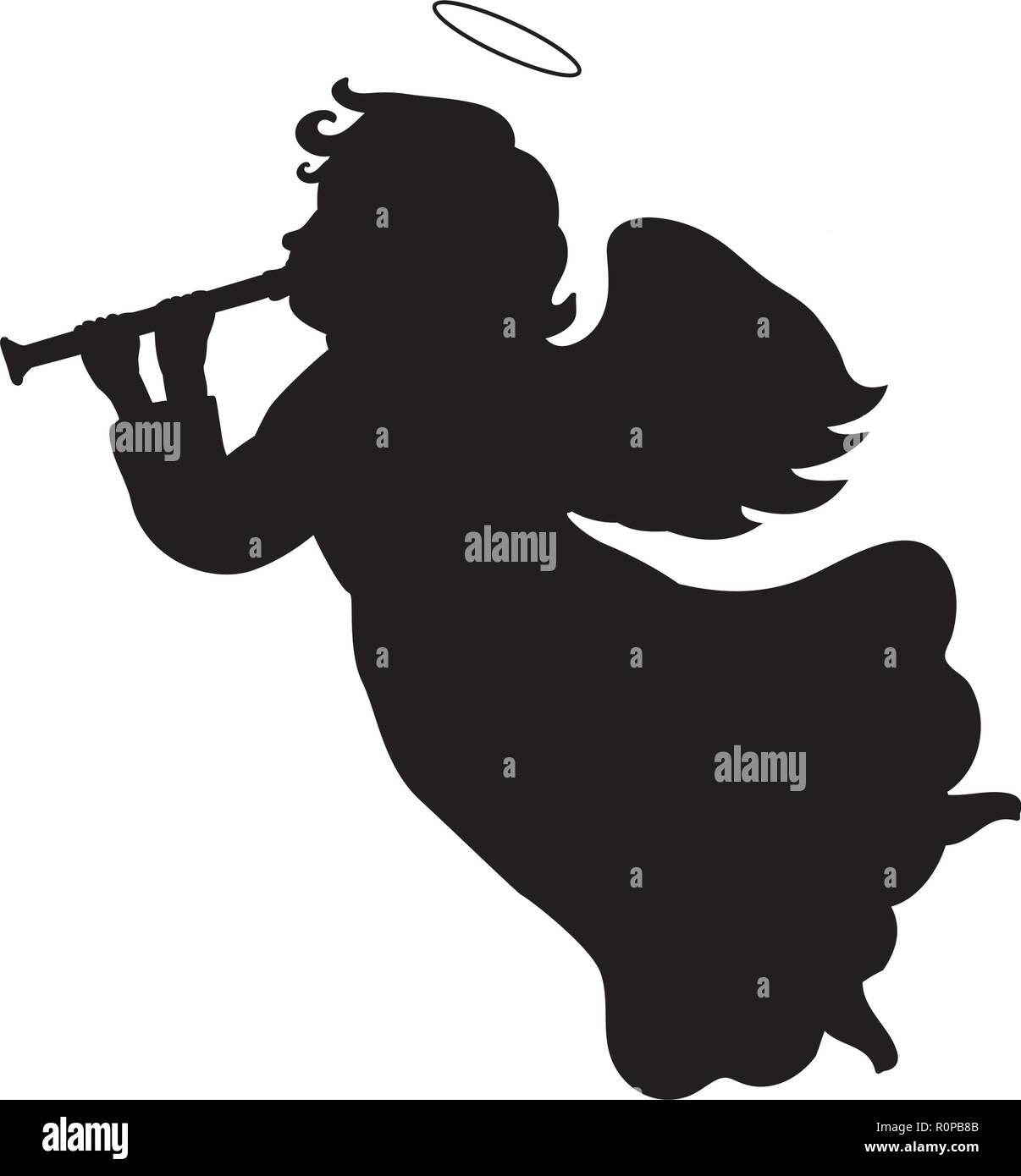 Silhouette christmas angel with trumpet Stock Vector