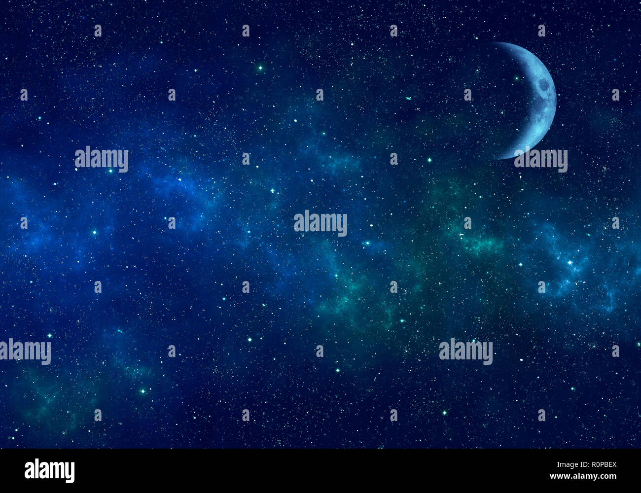Moon, nebula and stars in night sky. Space background. Stock Photo