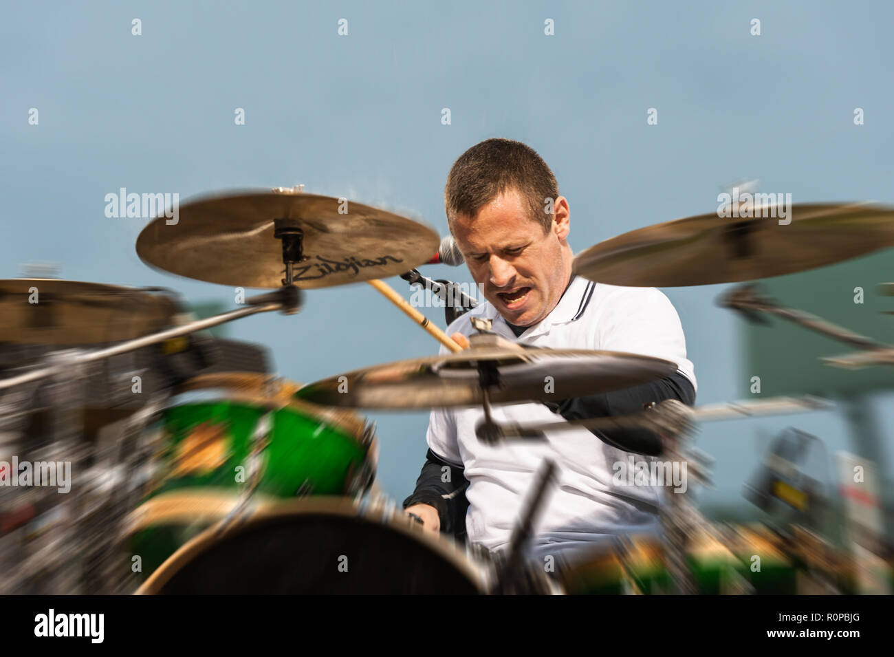 Matt Kelly, drummer with the Dropkick Murphys, performing at Fenway Park. Stock Photo