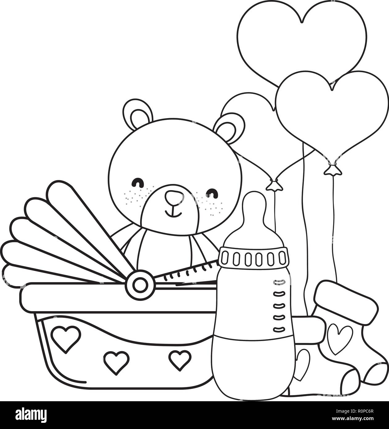 carriage cute teddy bear in black and white Stock Vector