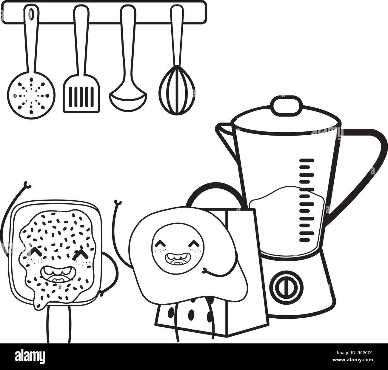 kitchen cute cartoons utensils black and white in black and white Stock