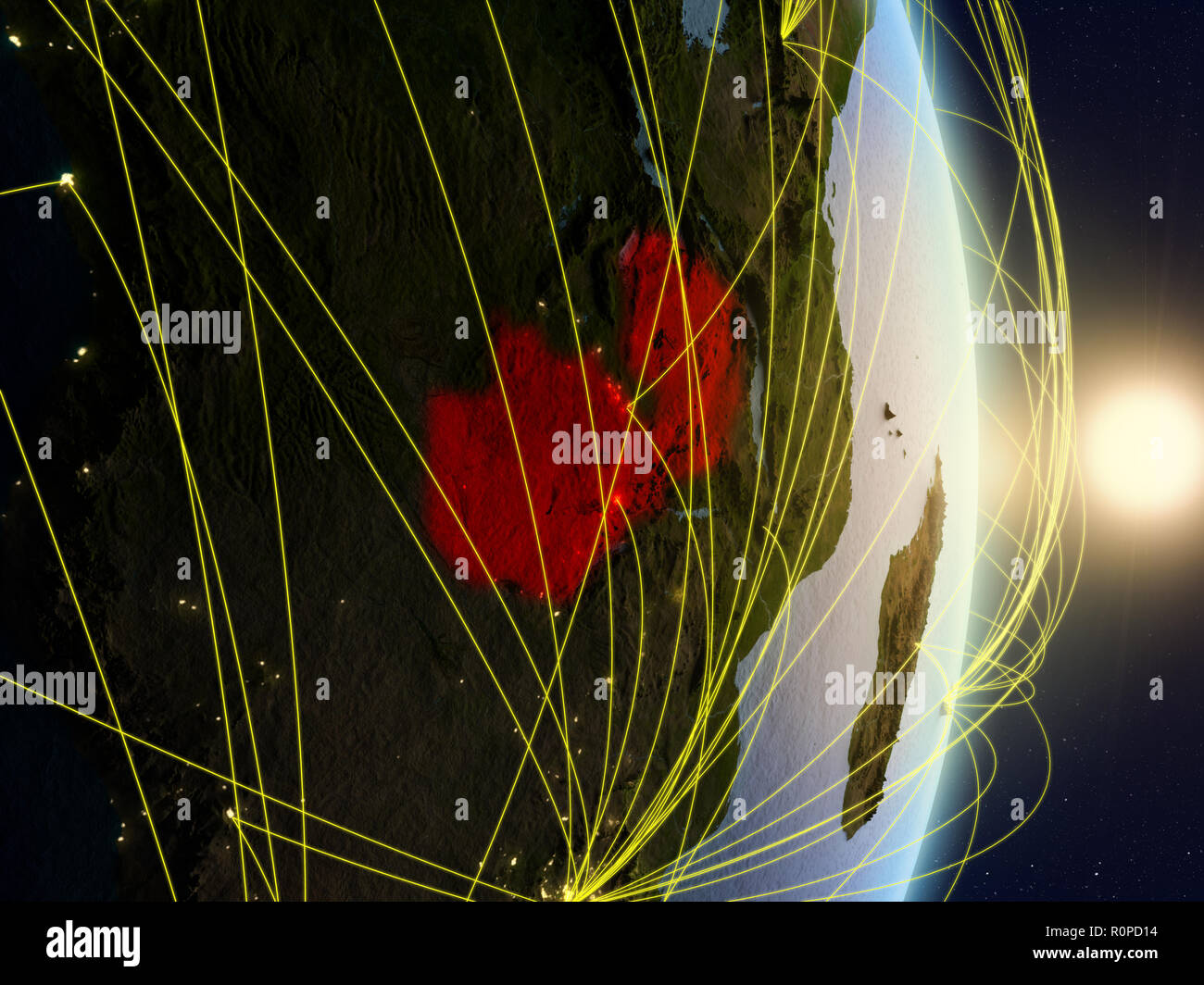 Zambia in sunrise on planet planet Earth with network. Concept of ...