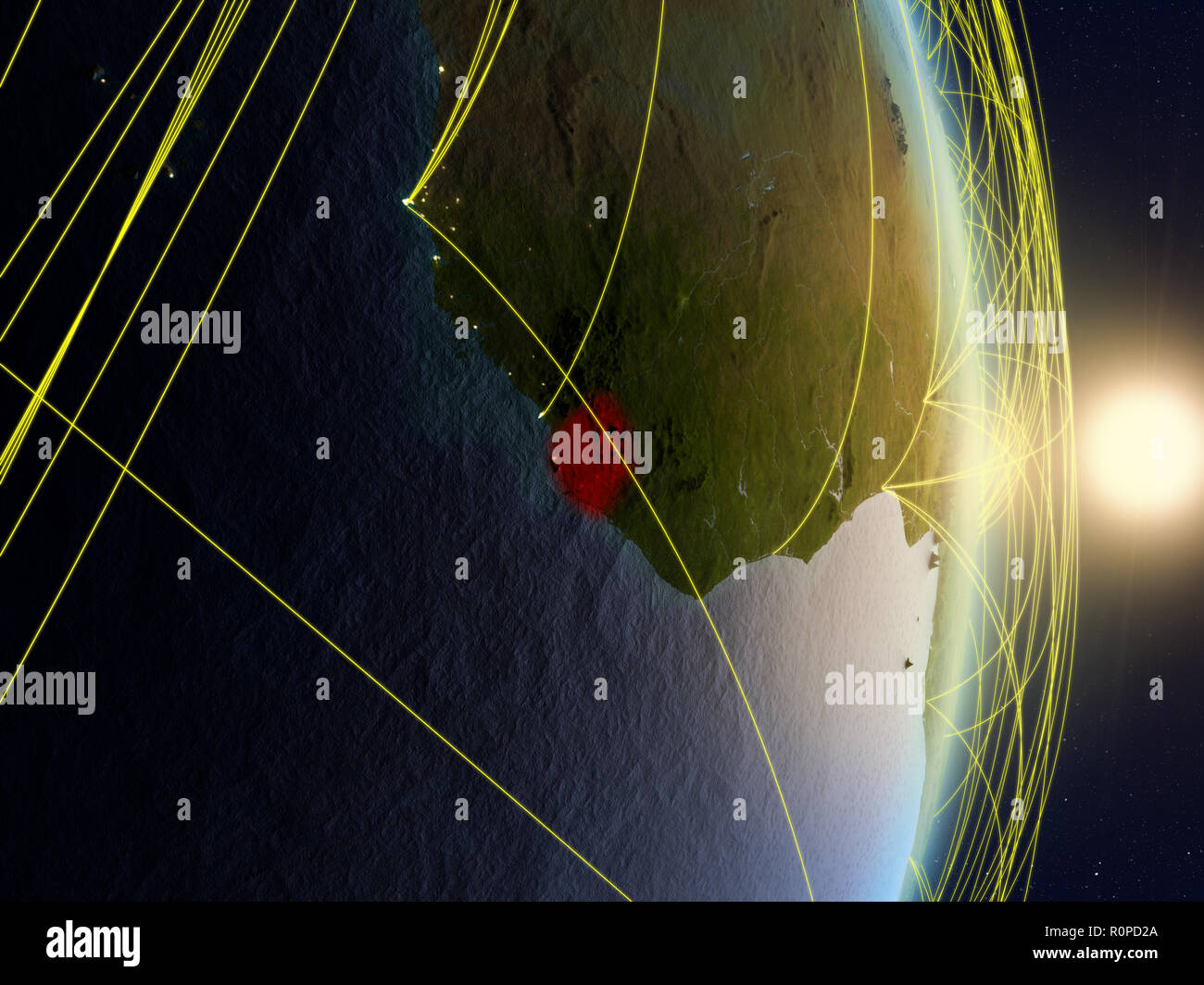 Sierra Leone in sunrise on planet planet Earth with network. Concept of ...