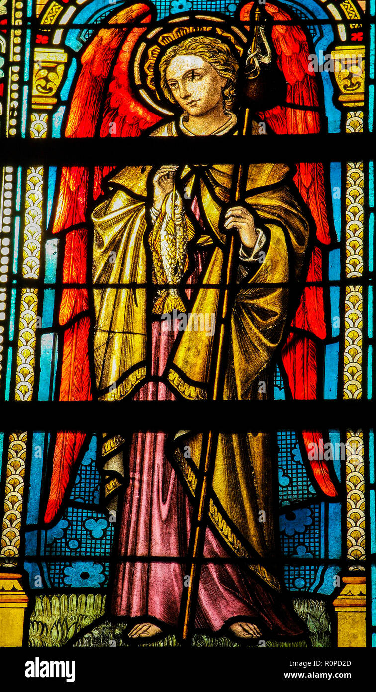 Stained glass depicting Saint Raphael in the cathedral of Spa, Wallonia ...