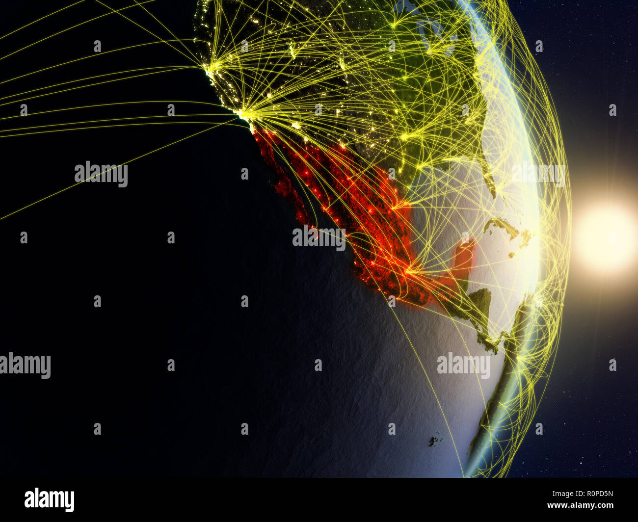 Mexico in sunrise on planet planet Earth with network. Concept of ...