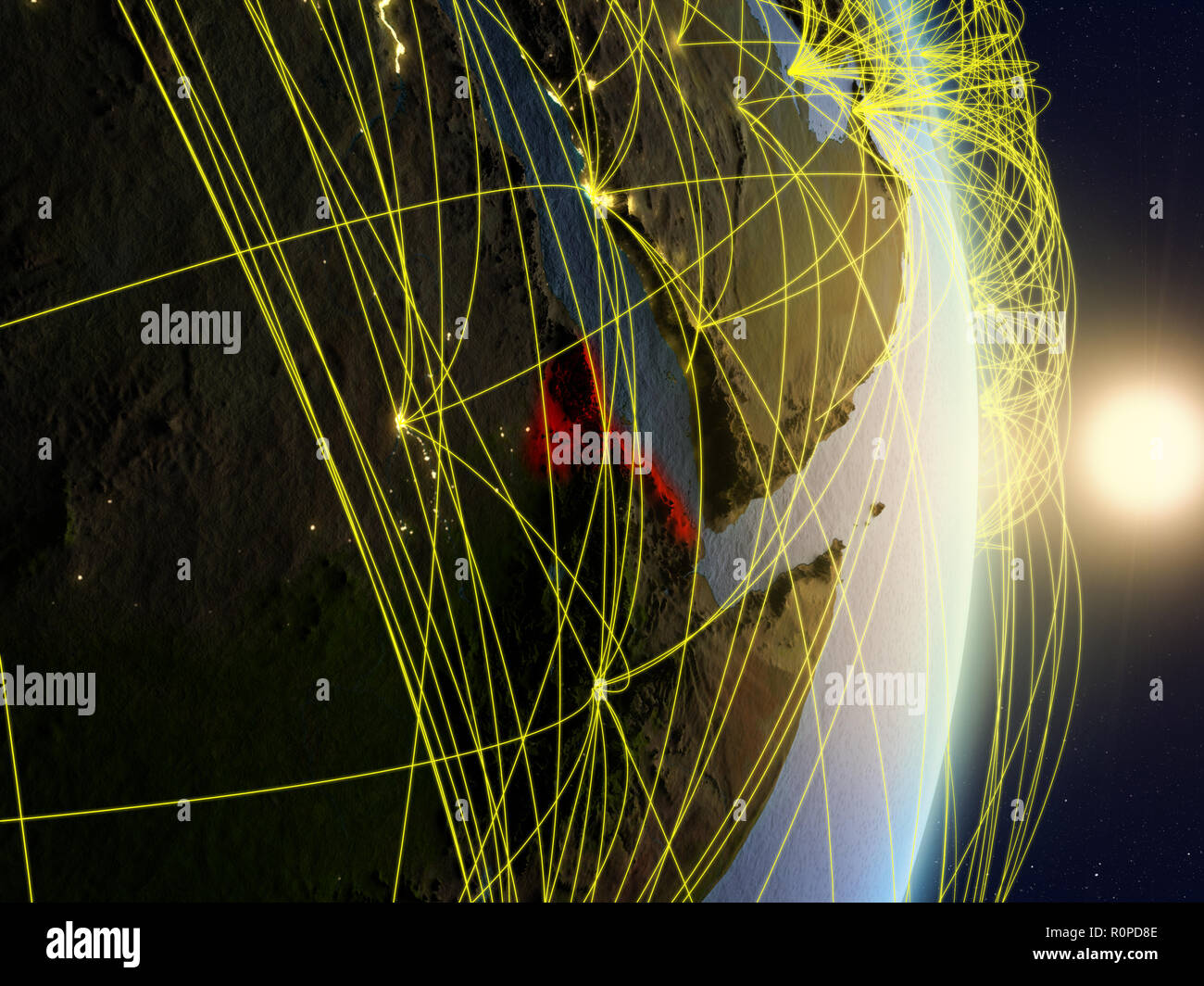 Eritrea in sunrise on planet planet Earth with network. Concept of ...