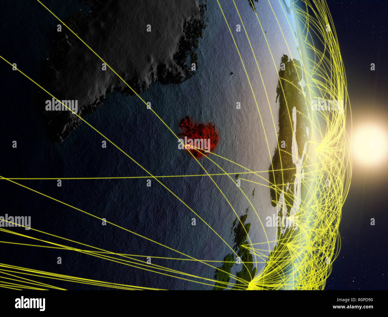 Iceland in sunrise on planet planet Earth with network. Concept of ...