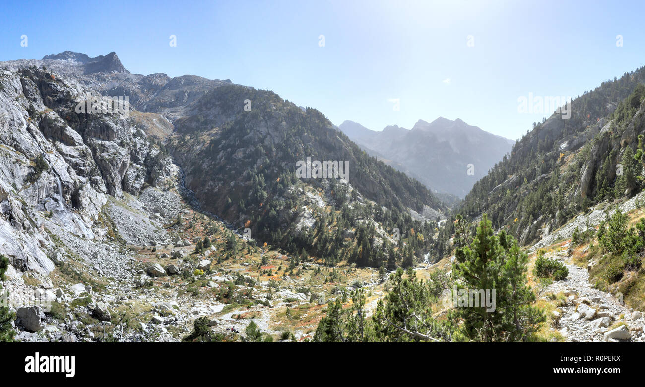 A landscape of the high rocky mountains with firs and pine trees forest and a blue sky in a sunny autumn, in Panticosa, Aragon Pyrenees, Spain Stock Photo