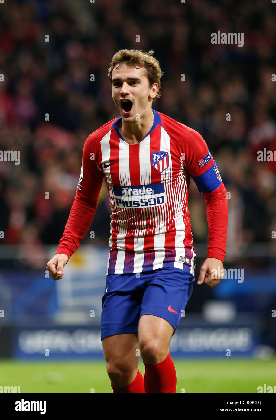 Madrid, Spain. 06th November 2018: Antoine Griezmann, forward from Atletico  de Madrid, celebrating after scoring during the UEFA Champions League group  stage against Borussia Dortmund at estadio Wanda Metropolitano. (Photo by:  Ivan